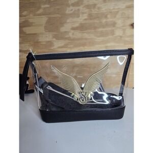 NWT VICTORIA'S SECRET FASHION SHOW CLEAR GOLD WING BLACK COSMETIC MAKEUP BAG SET